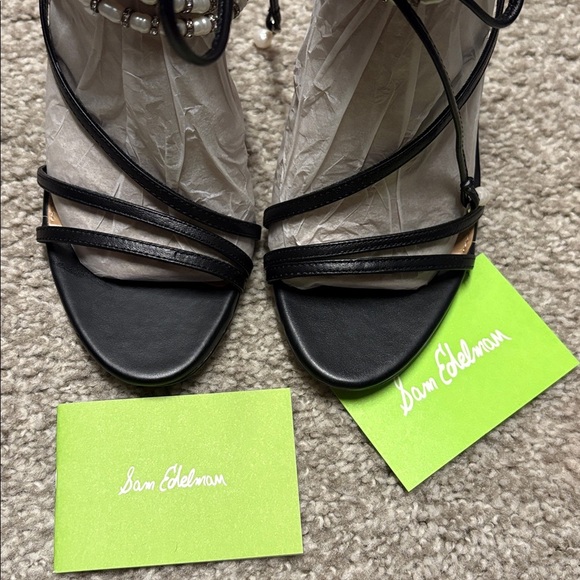 Sam Edelman 'Scarlette' Tie Heel Sandals black leather w pearl embellishments - Picture 8 of 11